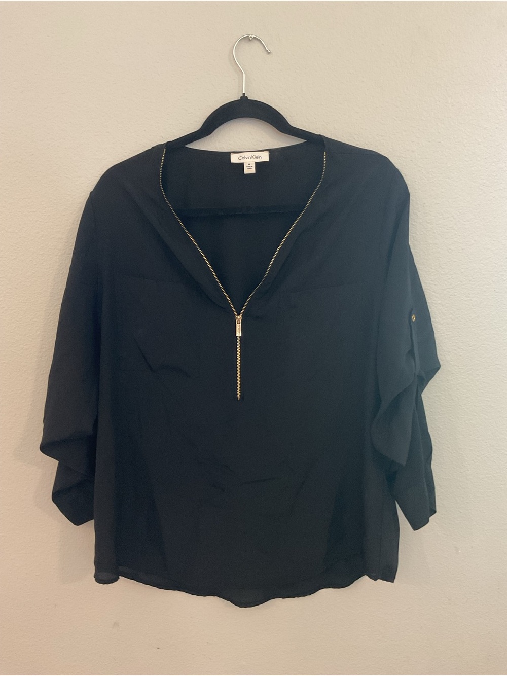 Calvin Klein Black Blouse with Gold Zip Detail